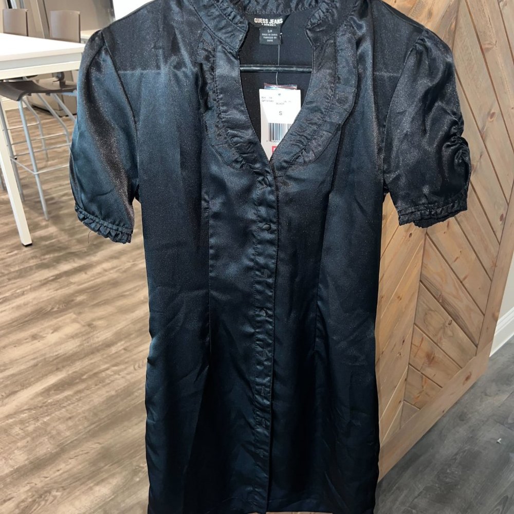 GUESS Size Small Black Satin Button Up Dress